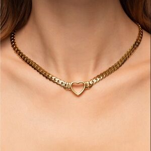 Gold Heart Link Choker Necklace - Polished Gold Chain